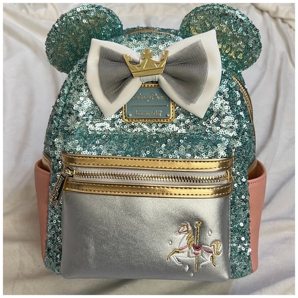 Loungefly Minnie Mouse Main Attraction King Arthurs Carousel Backpack and Ears - Picture 3 of 11